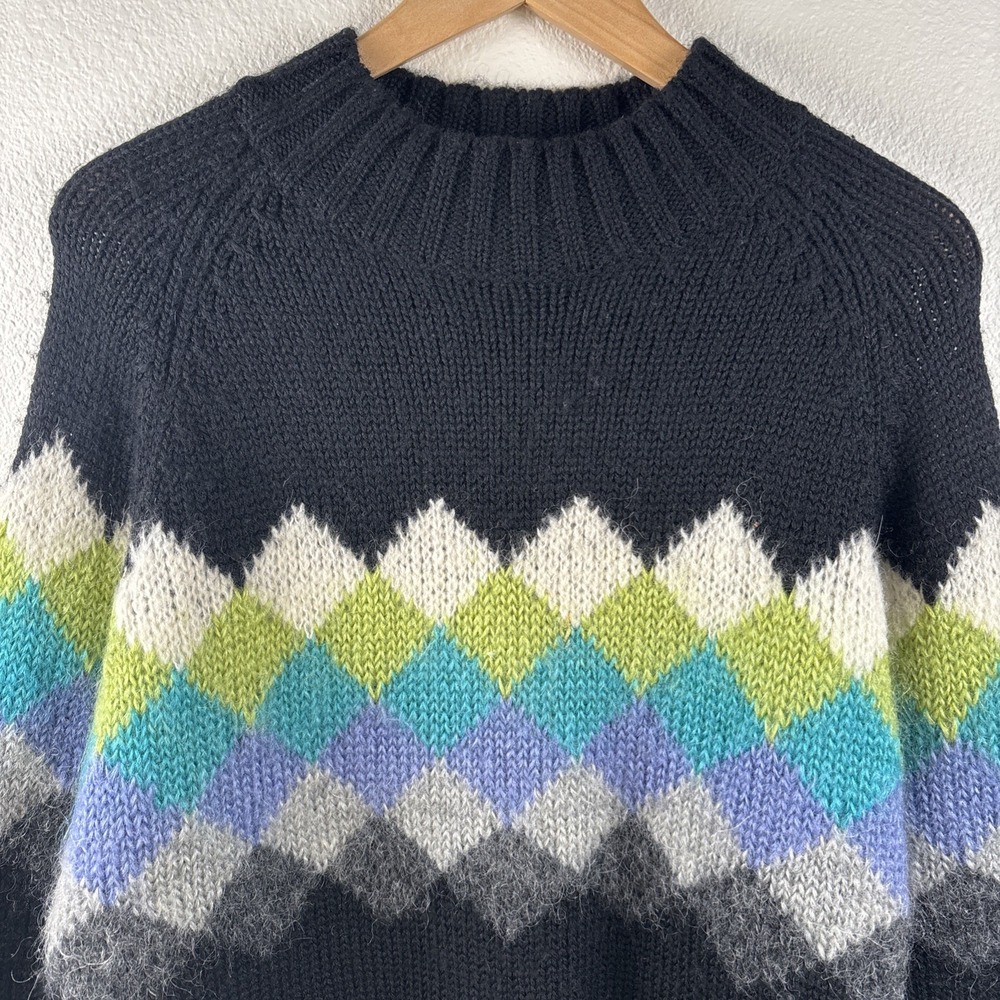 VTG Talbots Wool Mohair Blend Black Sweater Diamond Ribbed Mock Neck Women L